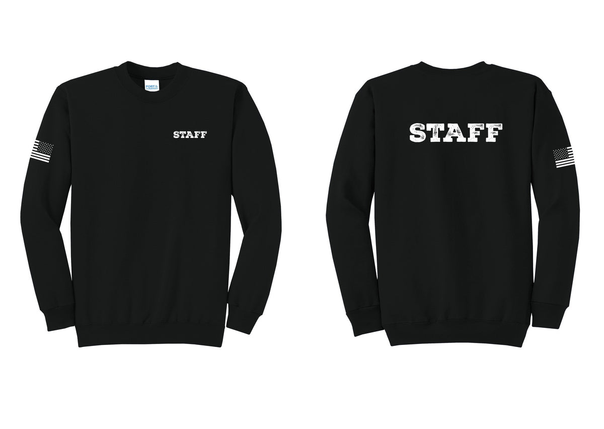 NYC Factory Staff Cotton Fleece Crewneck Sweatshirt (Rustic) - Chest + Back + US Flag Sleeve - Black
