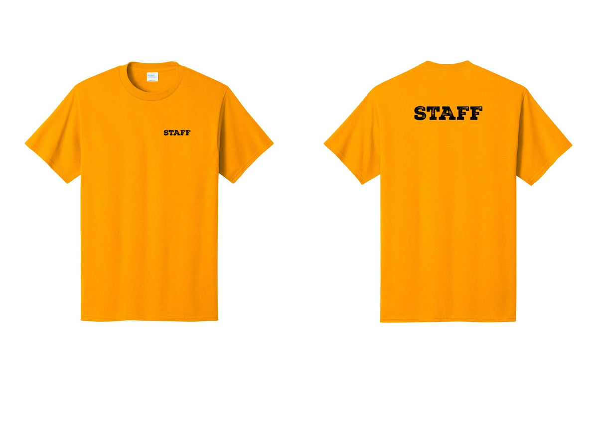 NYC Factory Staff T-Shirt, Rustic Lettering - Chest + Back - Gold