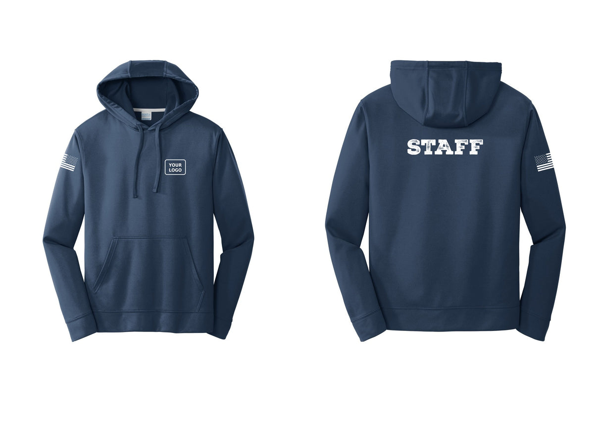 NYC Factory Custom Logo Staff Performance Hooded Fleece Pullover Sweatshirt (Rustic) - Your Logo + Back + US Flag Sleeve - Navy