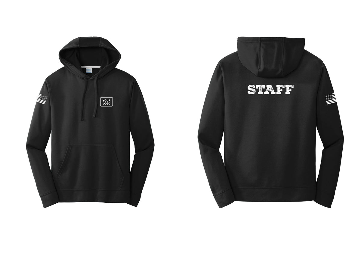 NYC Factory Custom Logo Staff Performance Hooded Fleece Pullover Sweatshirt (Rustic) - Your Logo + Back + US Flag Sleeve - Black