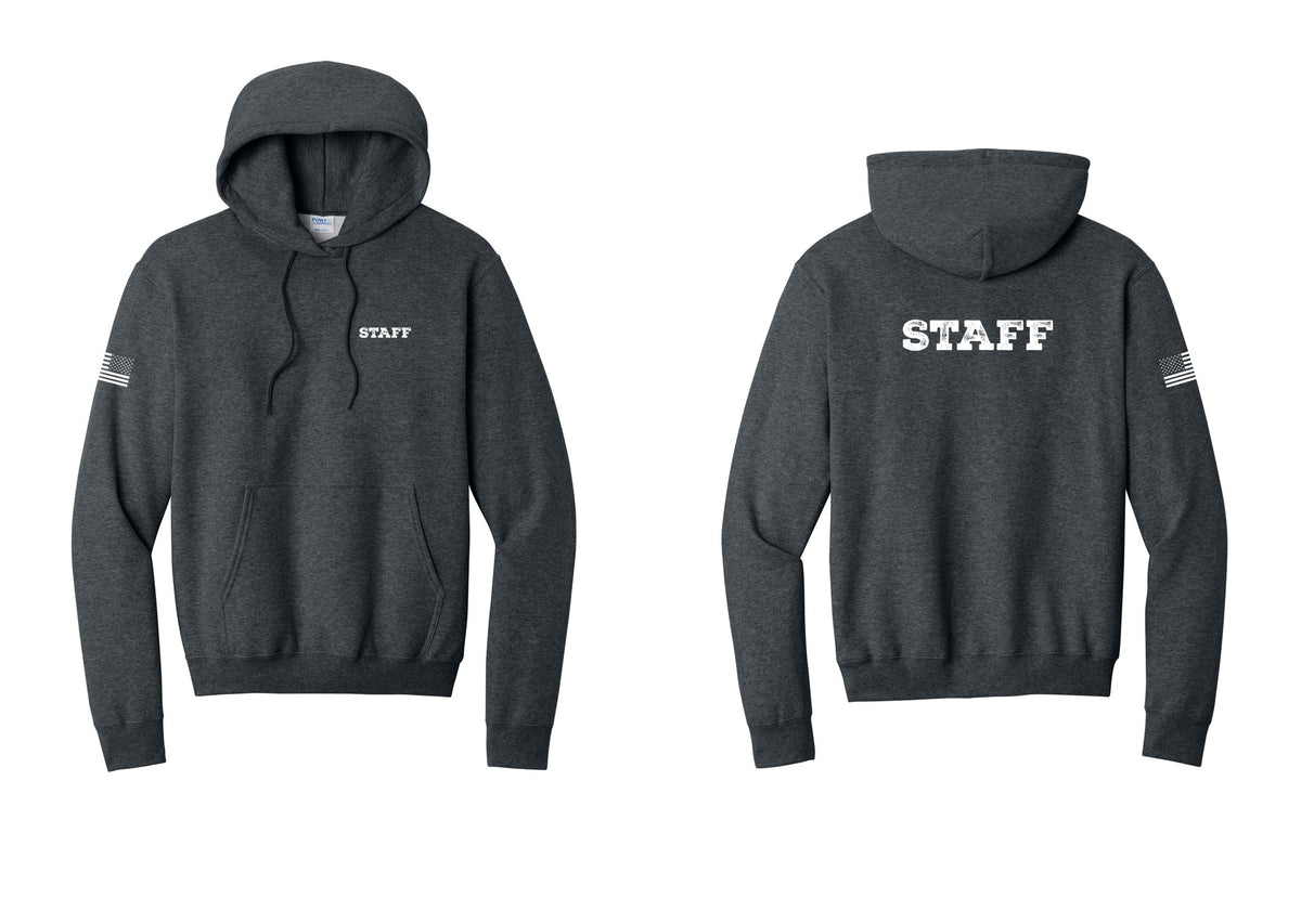 NYC Factory Staff Cotton Fleece Pullover Hoodie (Rustic) - Chest + Back + US Flag Sleeve - Dark Heather Grey