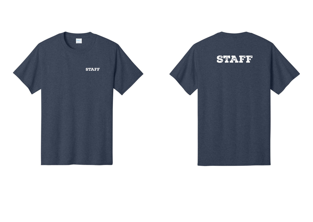 NYC Factory Staff T-Shirt, Rustic Lettering - Chest + Back - Heather Navy