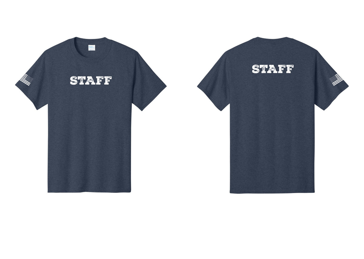NYC Factory Staff T-Shirt, Rustic Lettering - Front + Back + US Flag Sleeve - Heather Navy