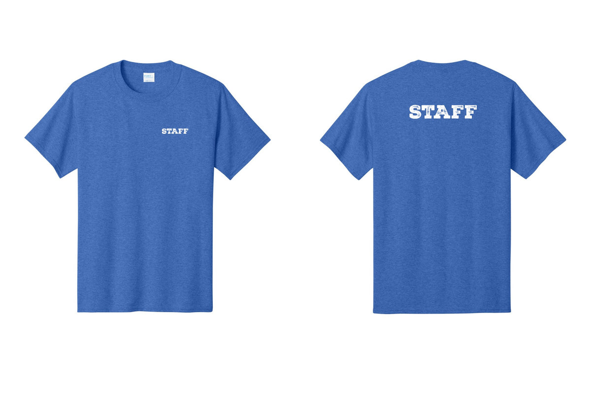 NYC Factory Staff T-Shirt, Rustic Lettering - Chest + Back - Heather Royal
