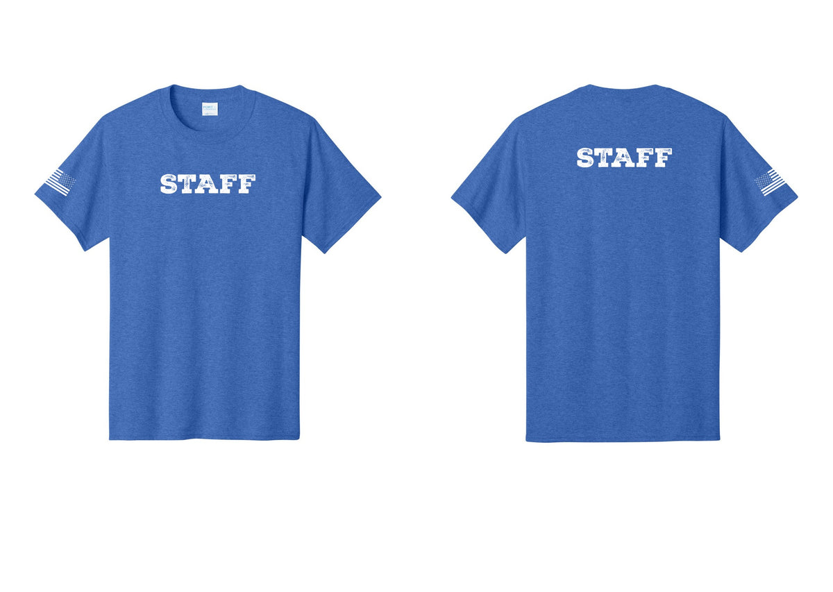 NYC Factory Staff T-Shirt, Rustic Lettering - Front + Back + US Flag Sleeve - Heather Royal