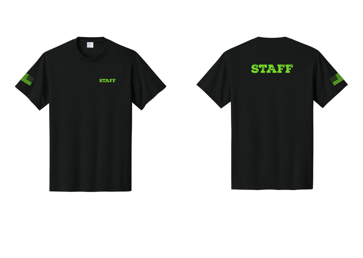 NYC Factory Staff T-Shirt, Rustic Lettering - Chest + Back + US Flag Sleeve - Black / Neon