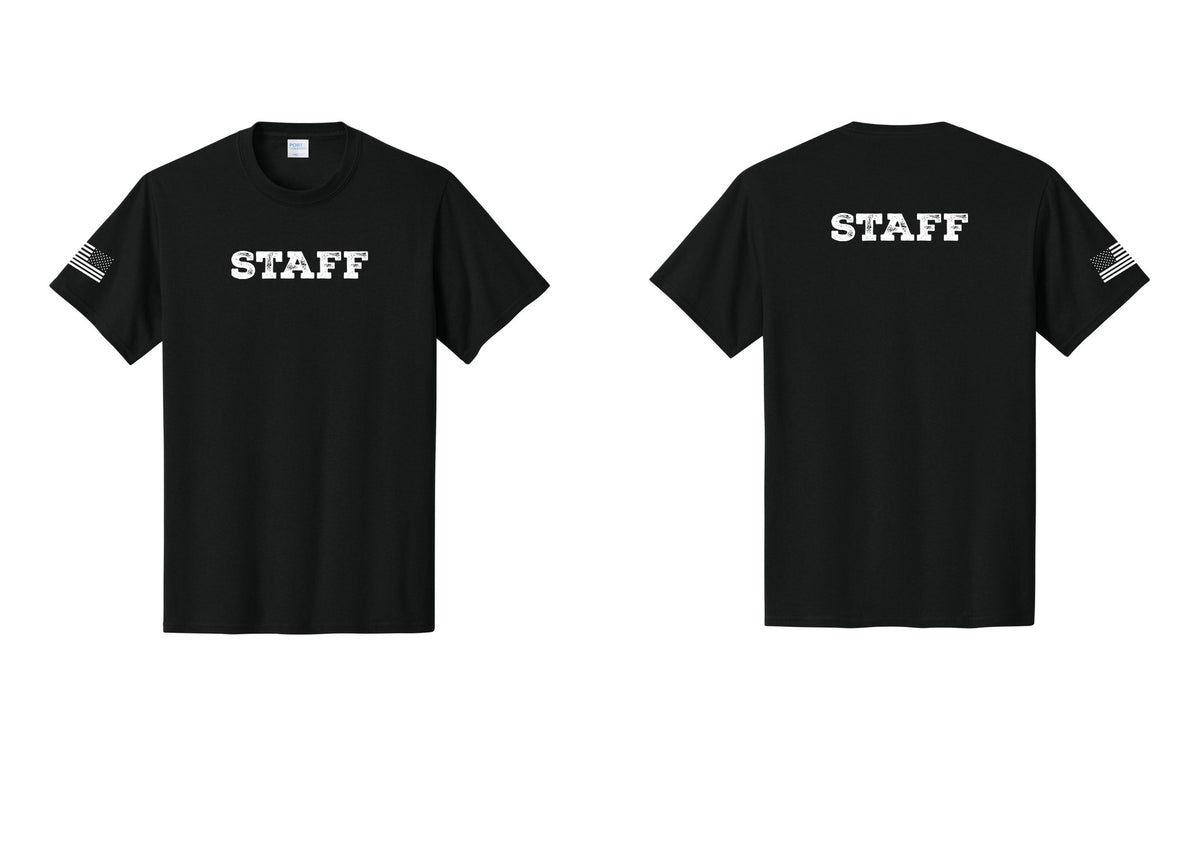 NYC Factory Staff T-Shirt, Rustic Lettering - Front + Back + US Flag Sleeve - Black