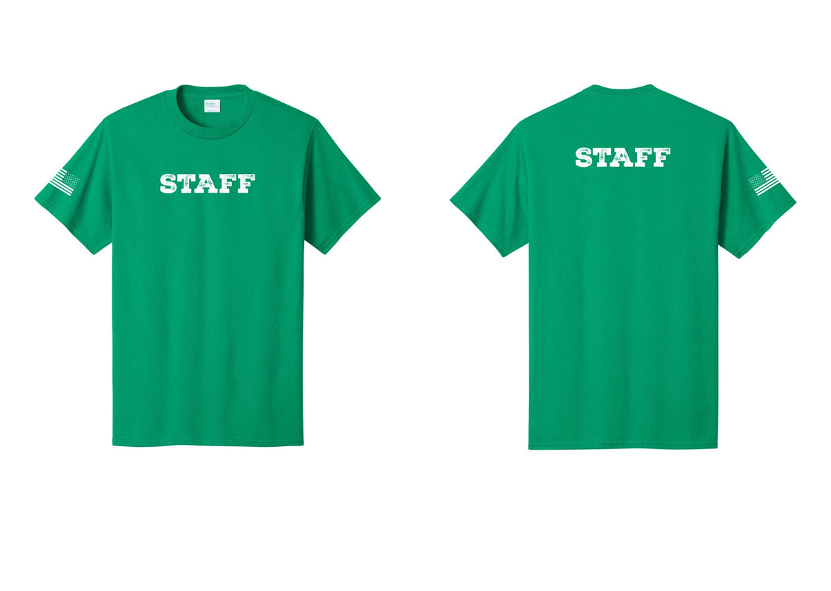 NYC Factory Staff T-Shirt, Rustic Lettering - Front + Back + US Flag Sleeve - Kelly