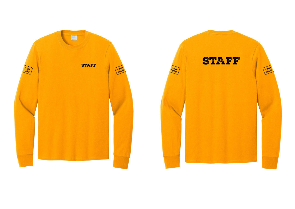 NYC Factory Custom Logo Staff Cotton Long Sleeve T-Shirt (Rustic) - Chest + Back + Your Logo Sleeves - Gold