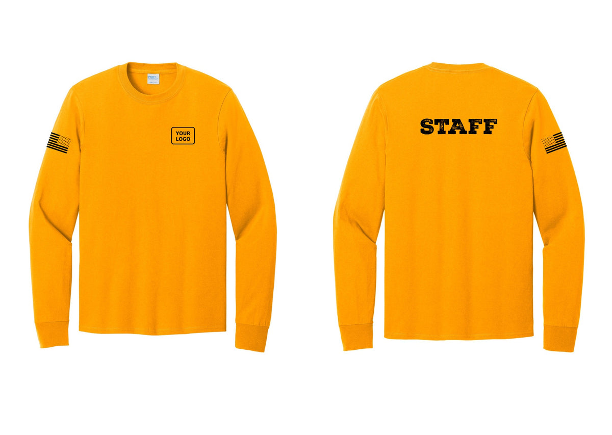 NYC Factory Custom Logo Staff Cotton Long Sleeve T-Shirt (Rustic) - Your Logo + Back + US Flag Sleeve - Gold