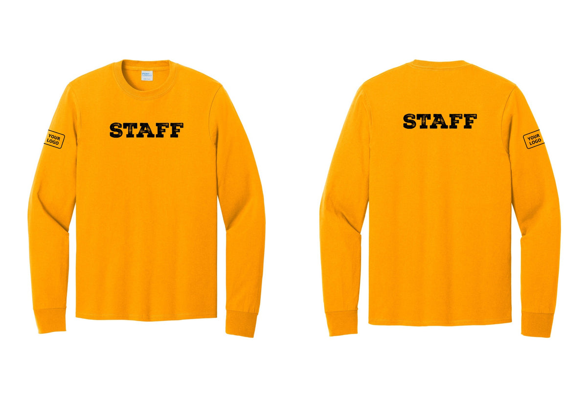 NYC Factory Custom Logo Staff Cotton Long Sleeve T-Shirt (Rustic) - Front + Back + Your Logo Sleeve - Gold