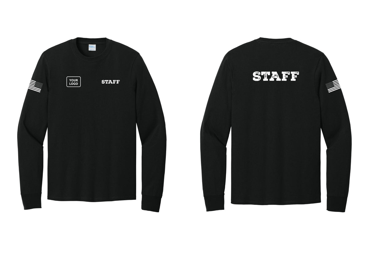 NYC Factory Custom Logo Staff Cotton Long Sleeve T-Shirt (Rustic) - STAFF + Your Logo + Back + US Flag Sleeve - Black