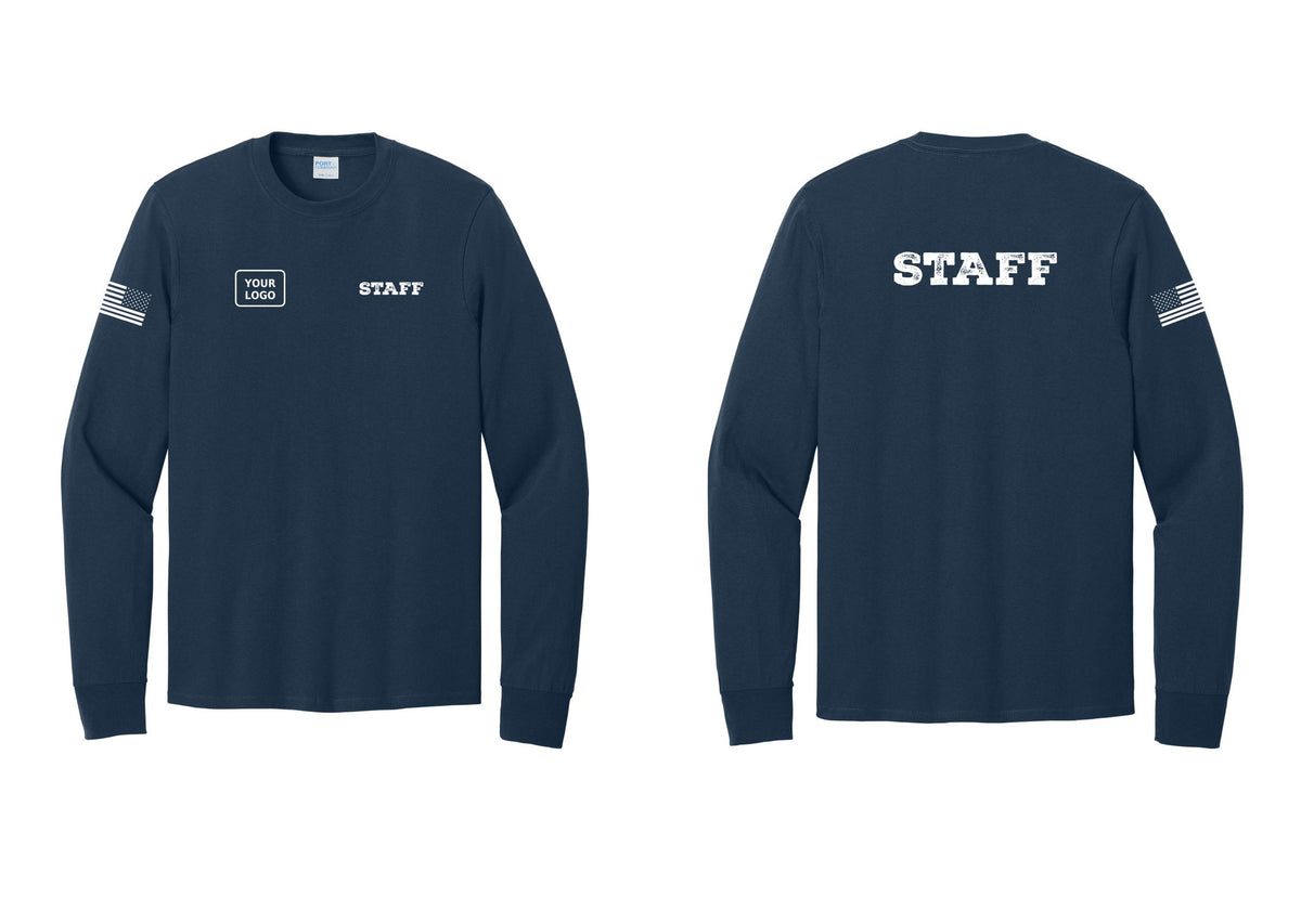 NYC Factory Custom Logo Staff Cotton Long Sleeve T-Shirt (Rustic) - STAFF + Your Logo + Back + US Flag Sleeve - Navy