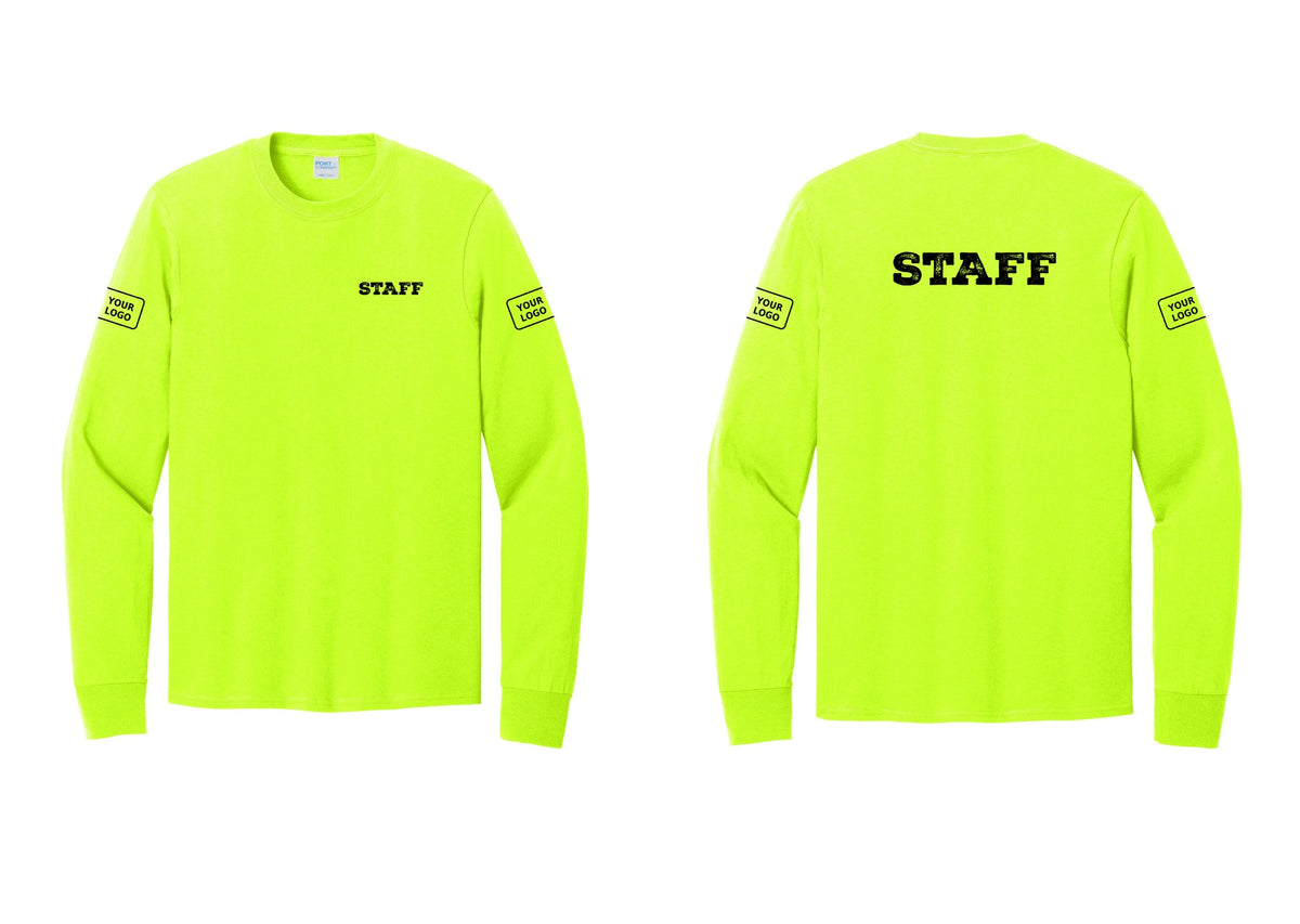 NYC Factory Custom Logo Staff Cotton Long Sleeve T-Shirt (Rustic) - Chest + Back + Your Logo Sleeves - Safety Green