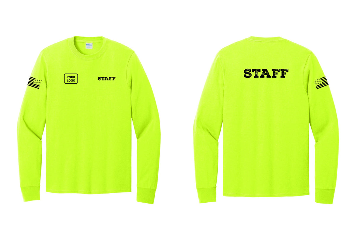 NYC Factory Custom Logo Staff Cotton Long Sleeve T-Shirt (Rustic) - STAFF + Your Logo + Back + US Flag Sleeve - Safety Green