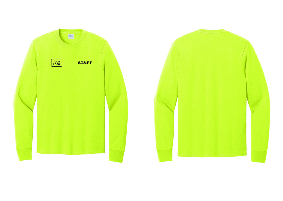 NYC Factory Custom Logo Staff Cotton Long Sleeve T-Shirt (Rustic) - STAFF + Your Logo - Safety Green