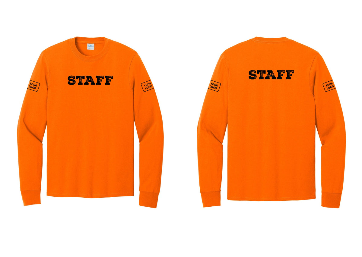 NYC Factory Custom Logo Staff Cotton Long Sleeve T-Shirt (Rustic) - Front + Back + Your Logo Sleeves - Safety Orange