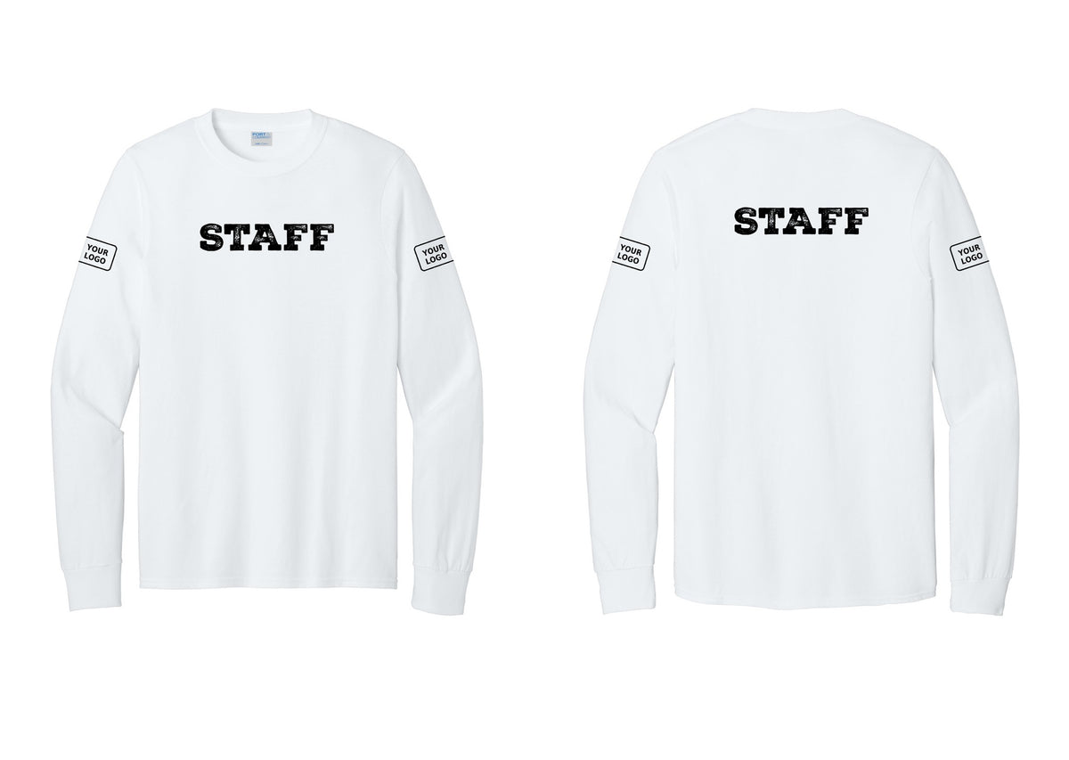 NYC Factory Custom Logo Staff Cotton Long Sleeve T-Shirt (Rustic) - Front + Back + Your Logo Sleeves - White