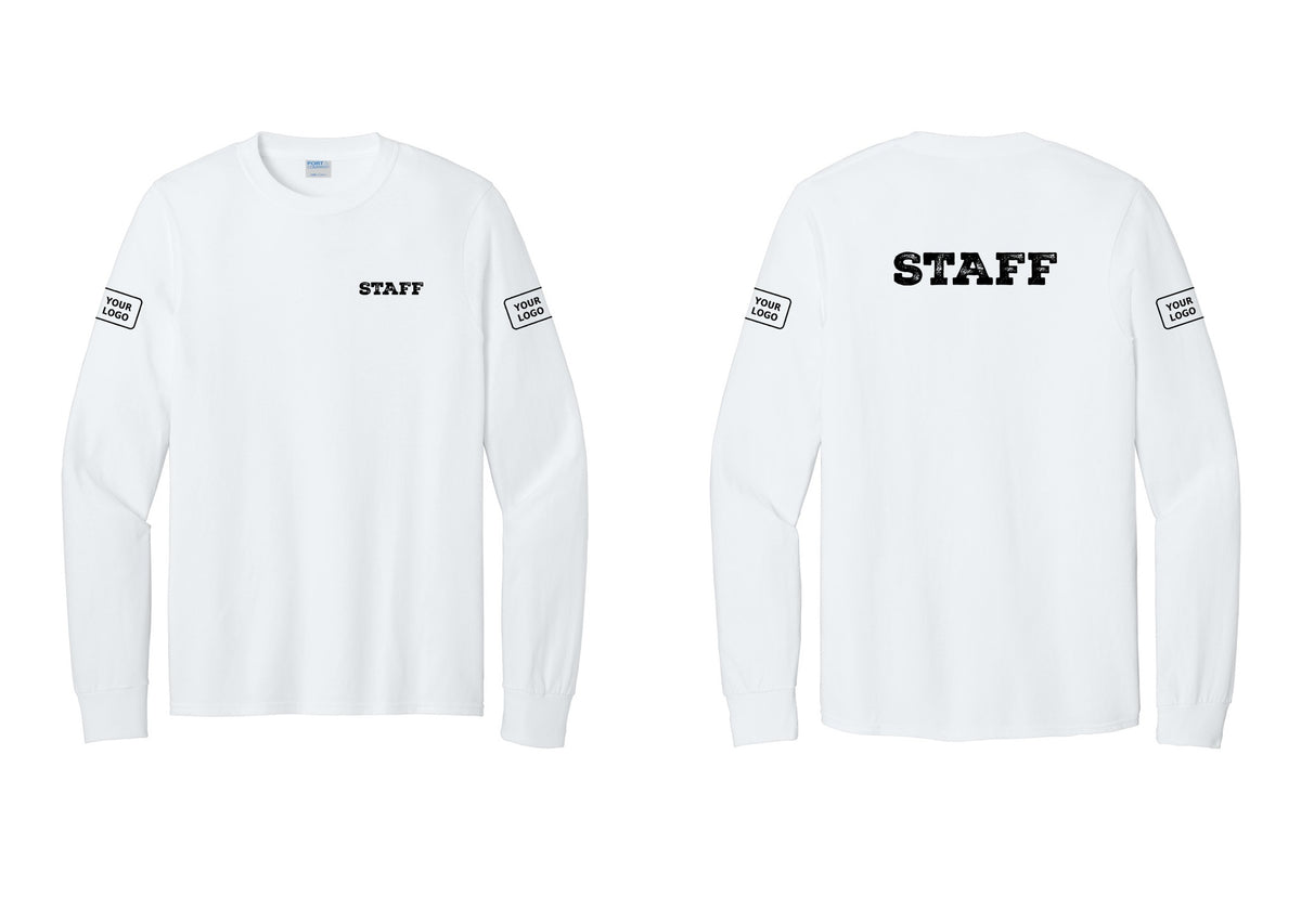 NYC Factory Custom Logo Staff Cotton Long Sleeve T-Shirt (Rustic) - Chest + Back + Your Logo Sleeves - White