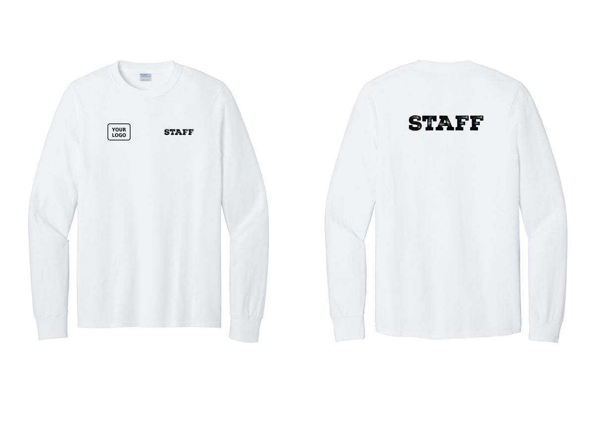 NYC Factory Custom Logo Staff Cotton Long Sleeve T-Shirt (Rustic) - STAFF + Your Logo + Back - White