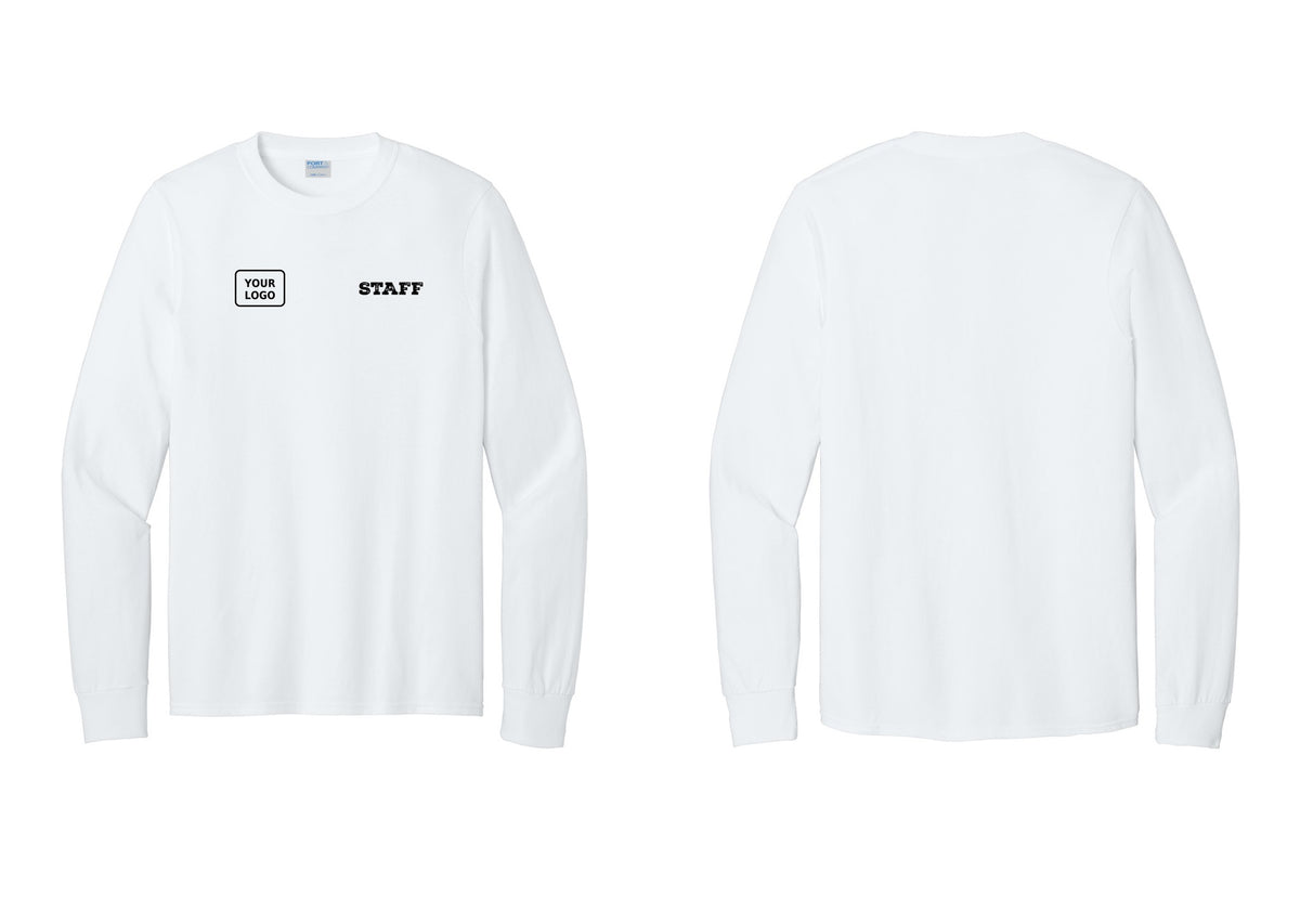 NYC Factory Custom Logo Staff Cotton Long Sleeve T-Shirt (Rustic) - STAFF + Your Logo - White