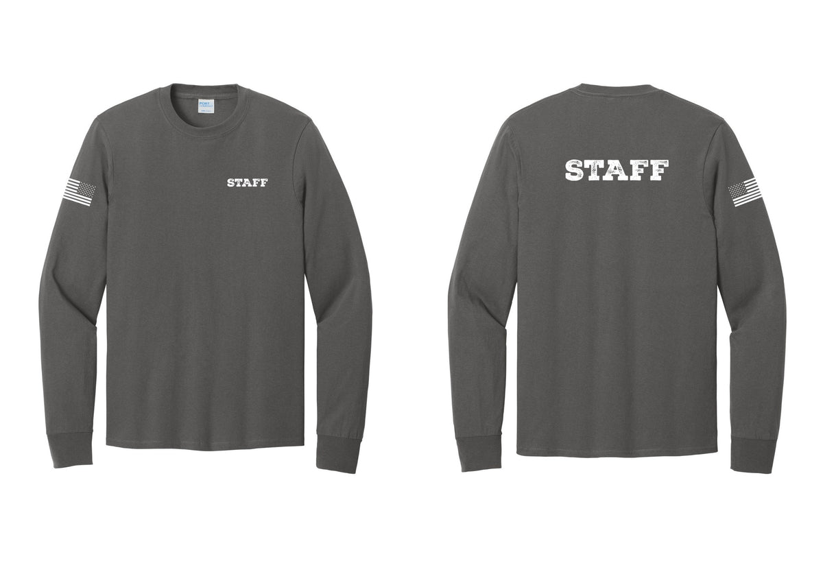 NYC Factory Staff Cotton Long Sleeve T-Shirt (Rustic) - Chest + Back + US Flag Sleeve - Charcoal
