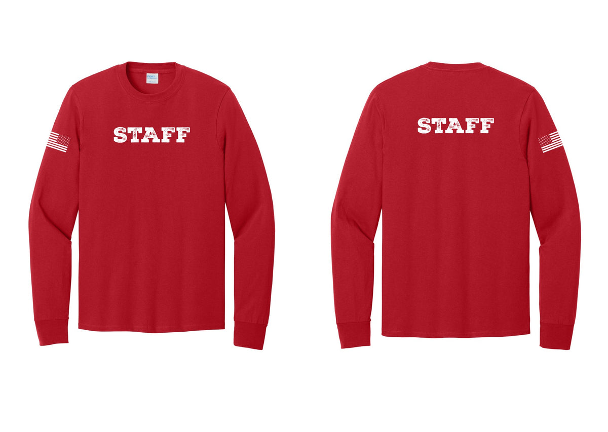 NYC Factory Staff Cotton Long Sleeve T-Shirt (Rustic) - Front + Back + US Flag Sleeve - Red