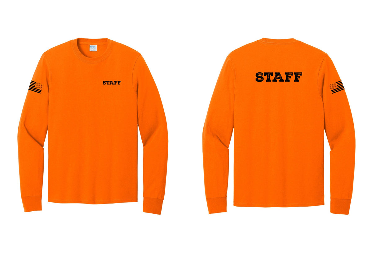 NYC Factory Staff Cotton Long Sleeve T-Shirt (Rustic) - Chest + Back + US Flag Sleeve - Safety Orange