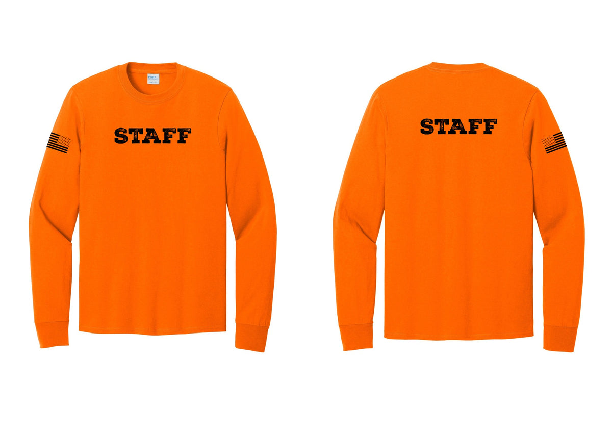 NYC Factory Staff Cotton Long Sleeve T-Shirt (Rustic) - Front + Back + US Flag Sleeve - Safety Orange
