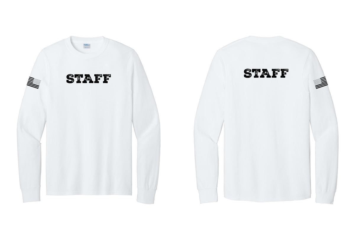 NYC Factory Staff Cotton Long Sleeve T-Shirt (Rustic) - Front + Back + US Flag Sleeve - White