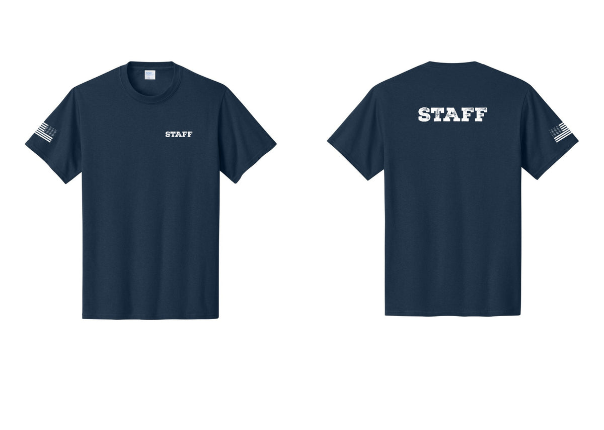 NYC Factory Staff T-Shirt, Rustic Lettering - Chest + Back + US Flag Sleeve - Navy