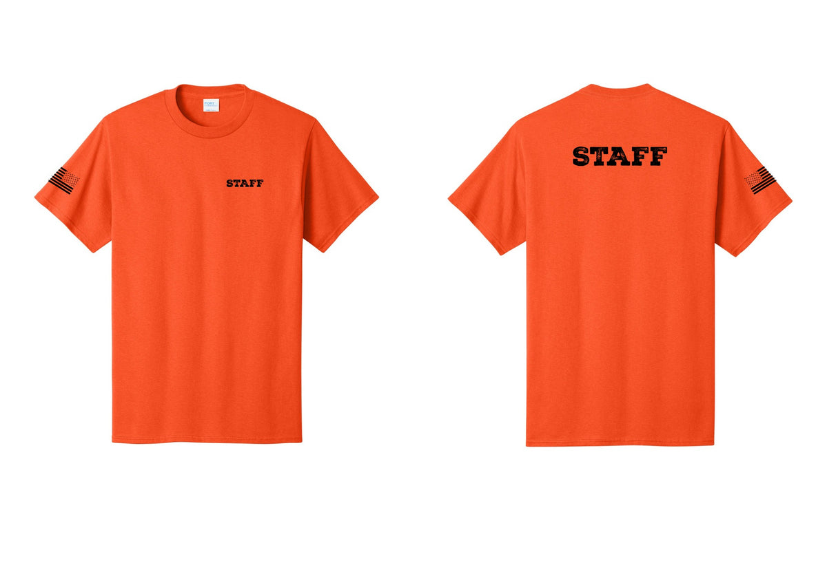 NYC Factory Staff T-Shirt, Rustic Lettering - Chest + Back + US Flag Sleeve - Orange