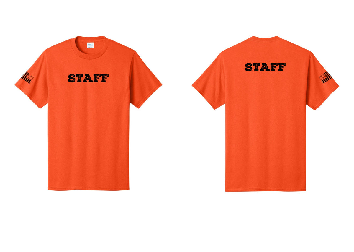 NYC Factory Staff T-Shirt, Rustic Lettering - Front + Back + US Flag Sleeve - Orange