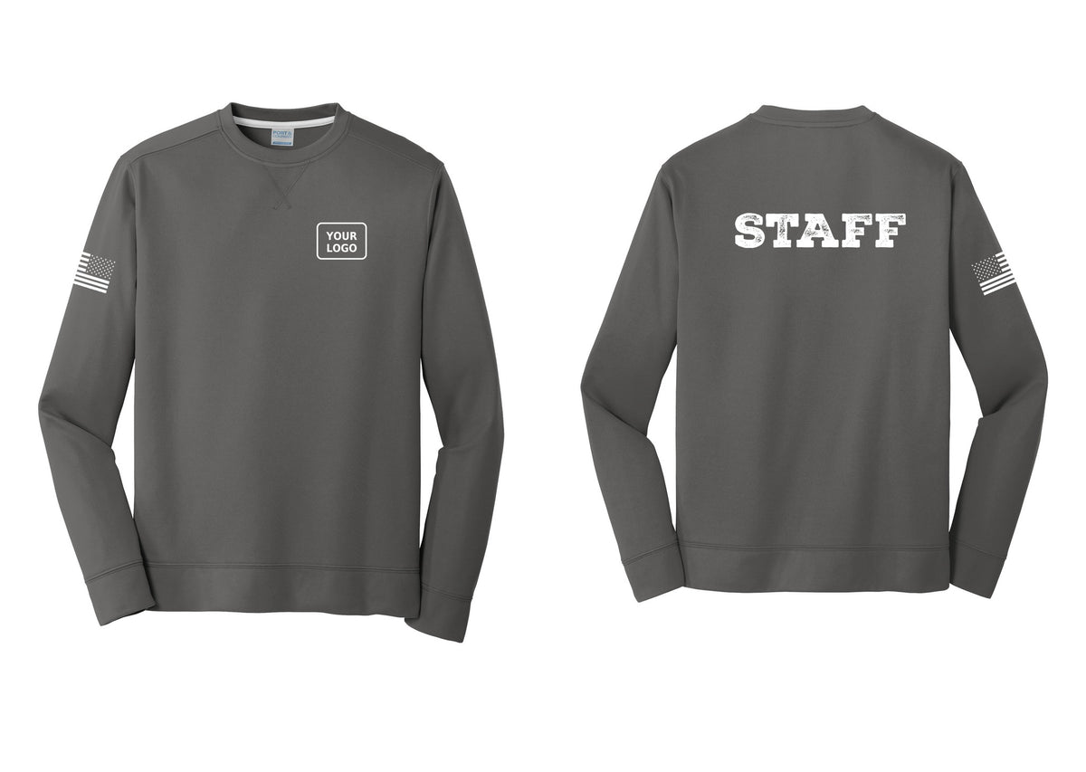 NYC Factory Custom Logo Staff Performance Fleece Crewneck Sweatshirt (Rustic) - Your Logo + Back + US Flag Sleeve - Charcoal