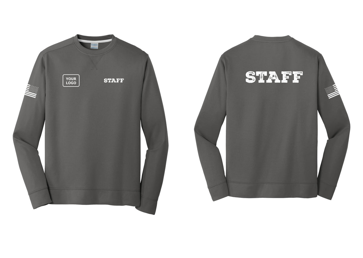NYC Factory Custom Logo Staff Performance Fleece Crewneck Sweatshirt (Rustic) - STAFF + Your Logo + Back + US Flag Sleeve - Charcoal