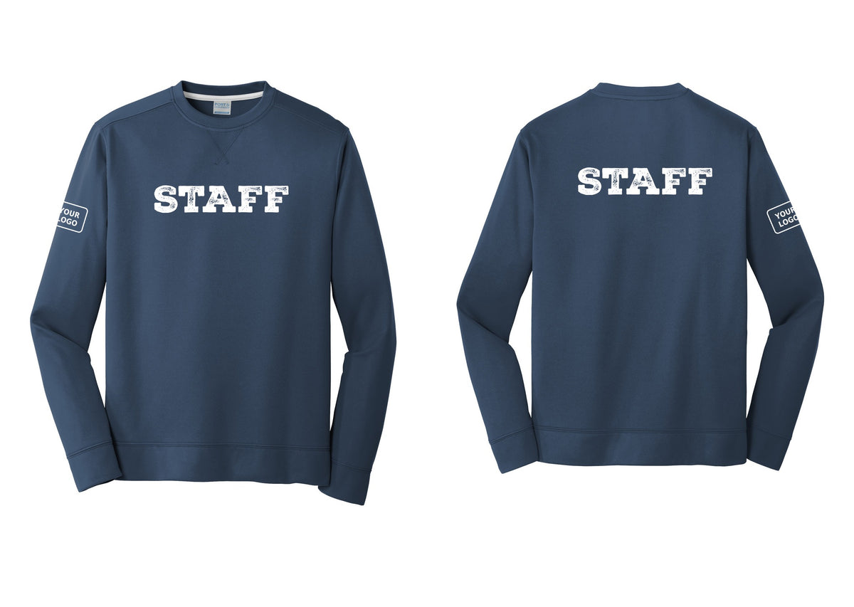 NYC Factory Custom Logo Staff Performance Fleece Crewneck Sweatshirt (Rustic) - Front + Back + Your Logo Sleeve - Navy