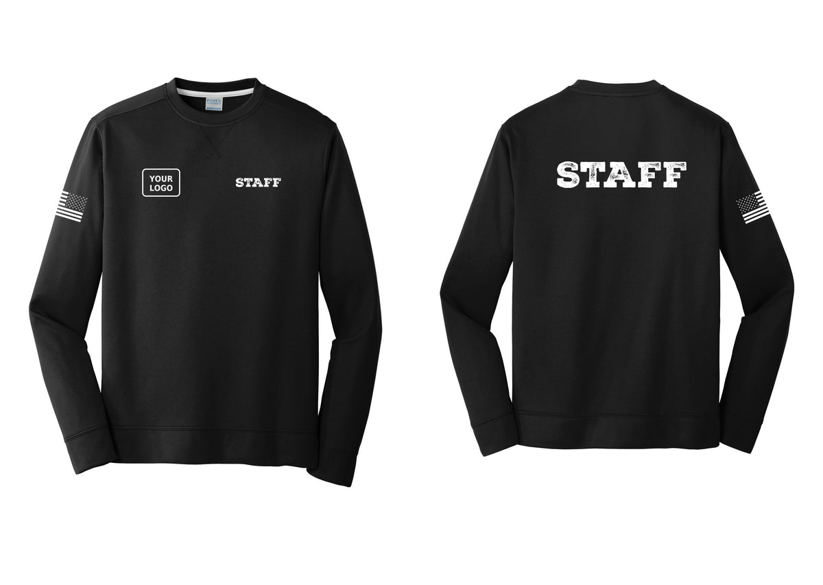 NYC Factory Custom Logo Staff Performance Fleece Crewneck Sweatshirt (Rustic) - STAFF + Your Logo + Back + US Flag Sleeve - Black