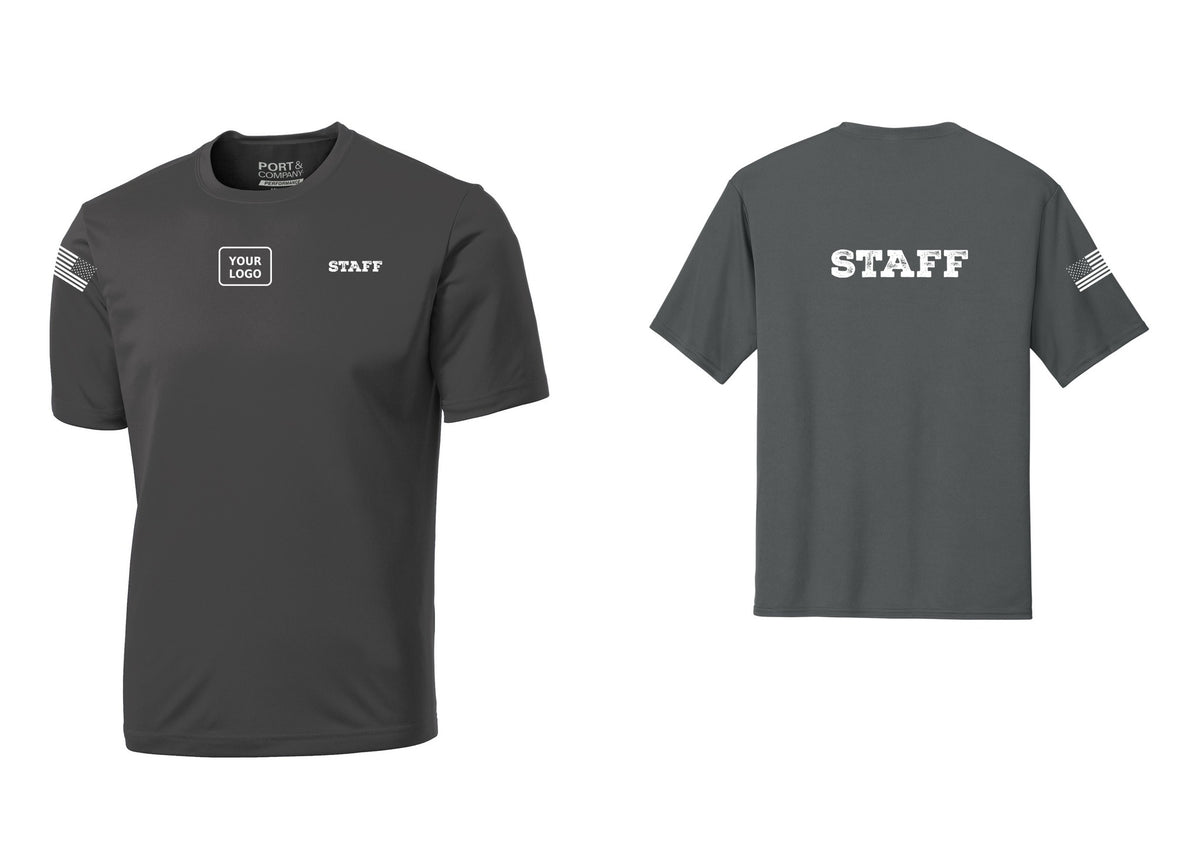 NYC Factory Custom Logo Staff Performance T-Shirt (Rustic) - STAFF + Your Logo + Back + US Flag Sleeve - Charcoal