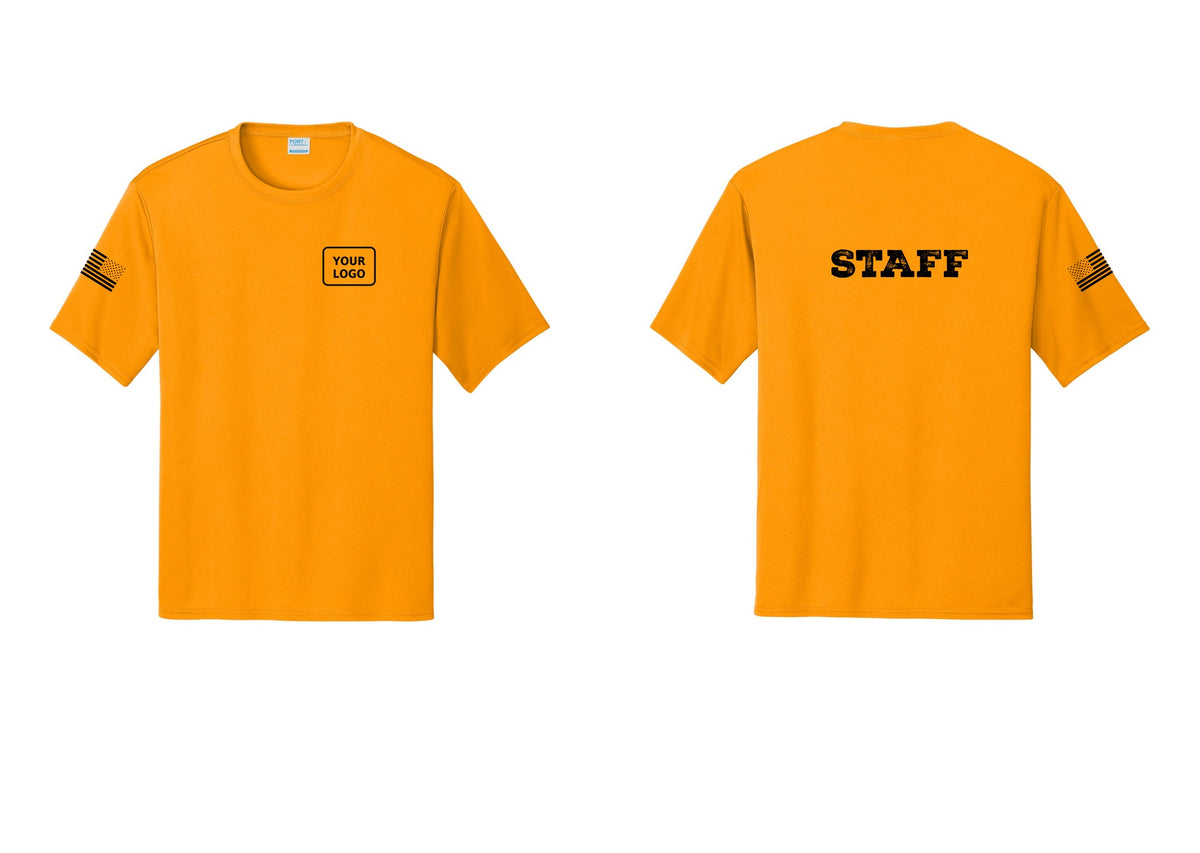 NYC Factory Custom Logo Staff Performance T-Shirt (Rustic) - Your Logo + Back + US Flag Sleeve - Gold