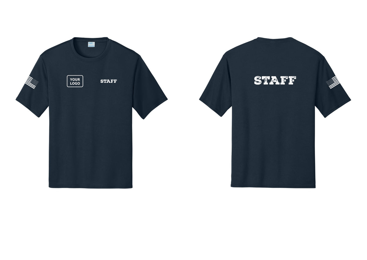 NYC Factory Custom Logo Staff Performance T-Shirt (Rustic) - STAFF + Your Logo + Back + US Flag Sleeve - Navy
