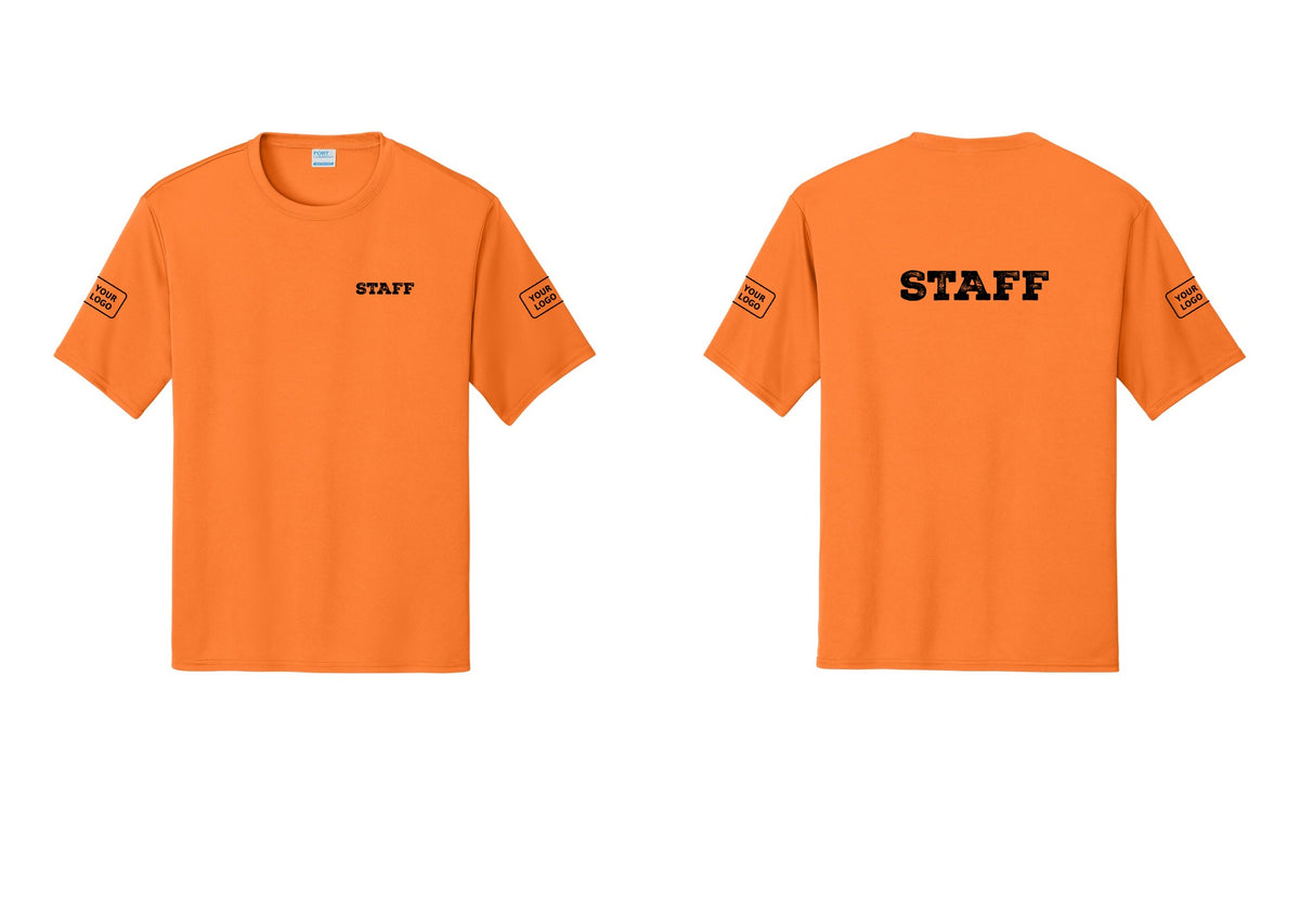 NYC Factory Custom Logo Staff Performance T-Shirt (Rustic) - Chest + Back + Your Logo Sleeves - Neon Orange