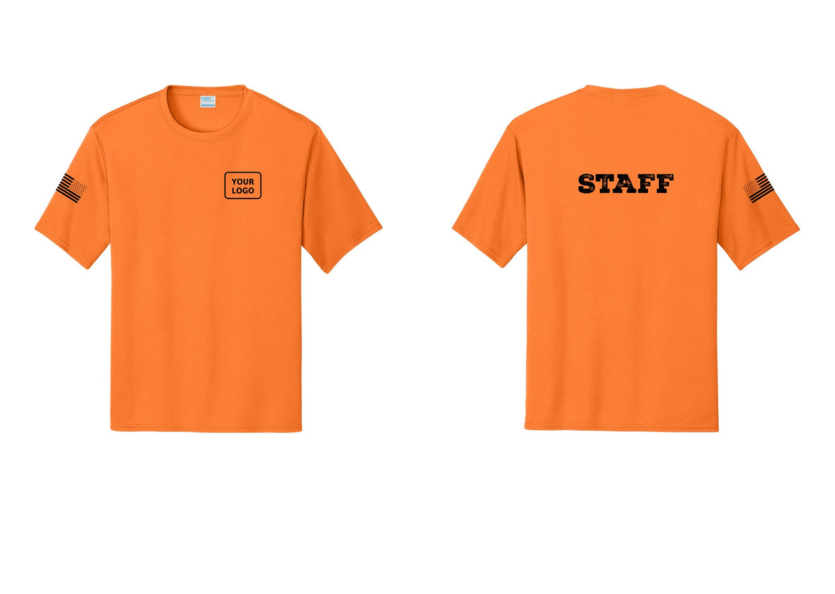 NYC Factory Custom Logo Staff Performance T-Shirt (Rustic) - Your Logo + Back + US Flag Sleeve - Neon Orange