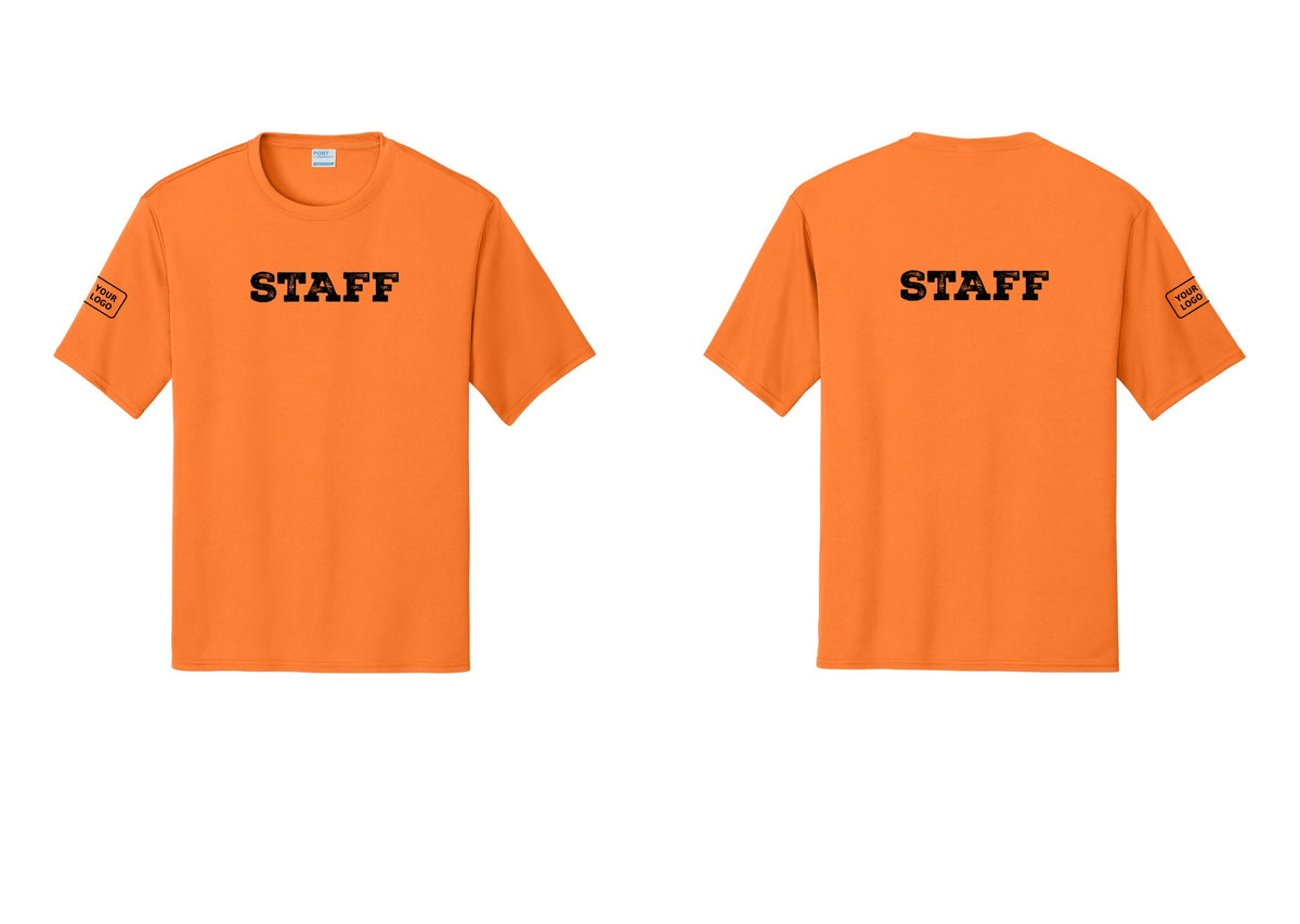NYC Factory Custom Logo Staff Performance T-Shirt (Rustic) - Front + Back + Your Logo Sleeve - Neon Orange