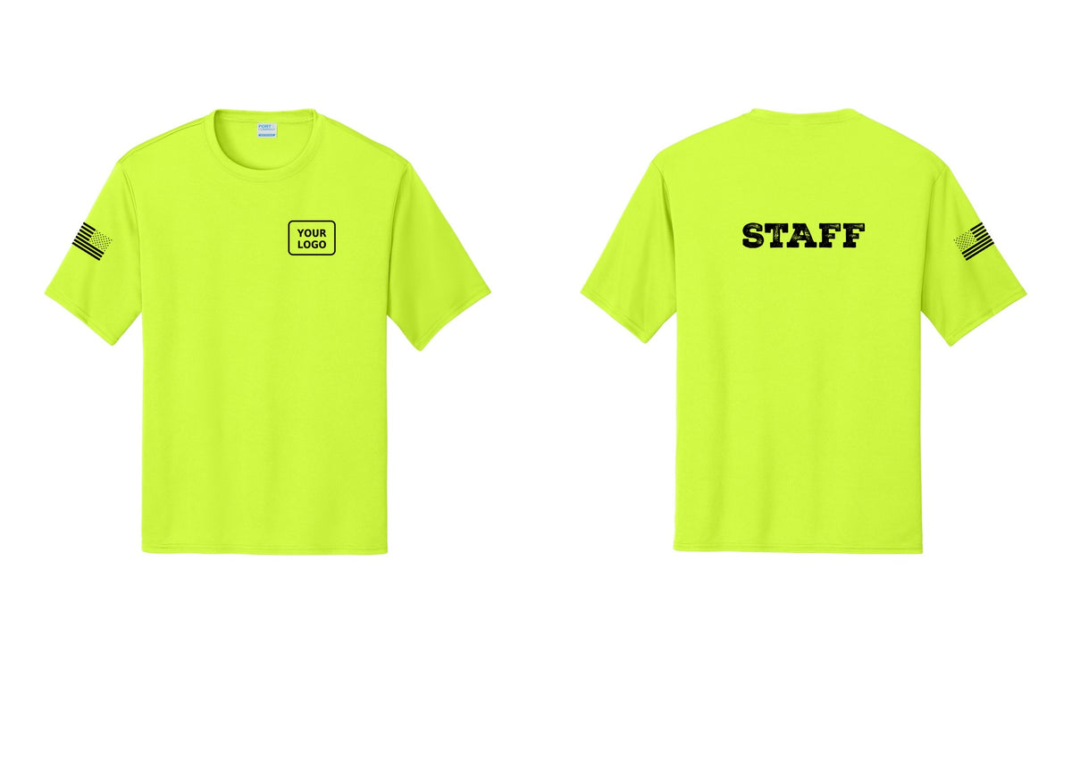 NYC Factory Custom Logo Staff Performance T-Shirt (Rustic) - Your Logo + Back + US Flag Sleeve - Neon Yellow