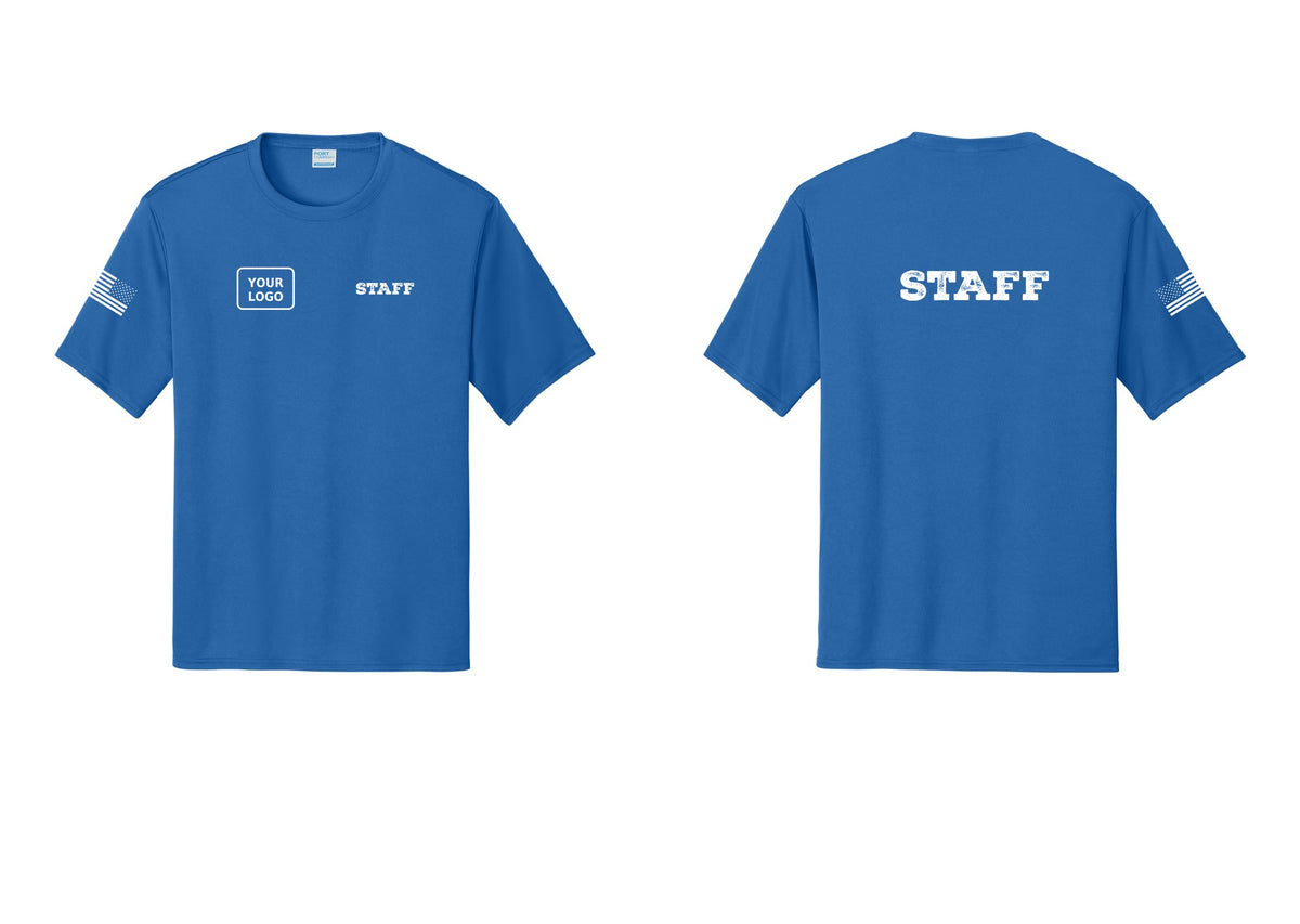 NYC Factory Custom Logo Staff Performance T-Shirt (Rustic) - STAFF + Your Logo + Back + US Flag Sleeve - Royal