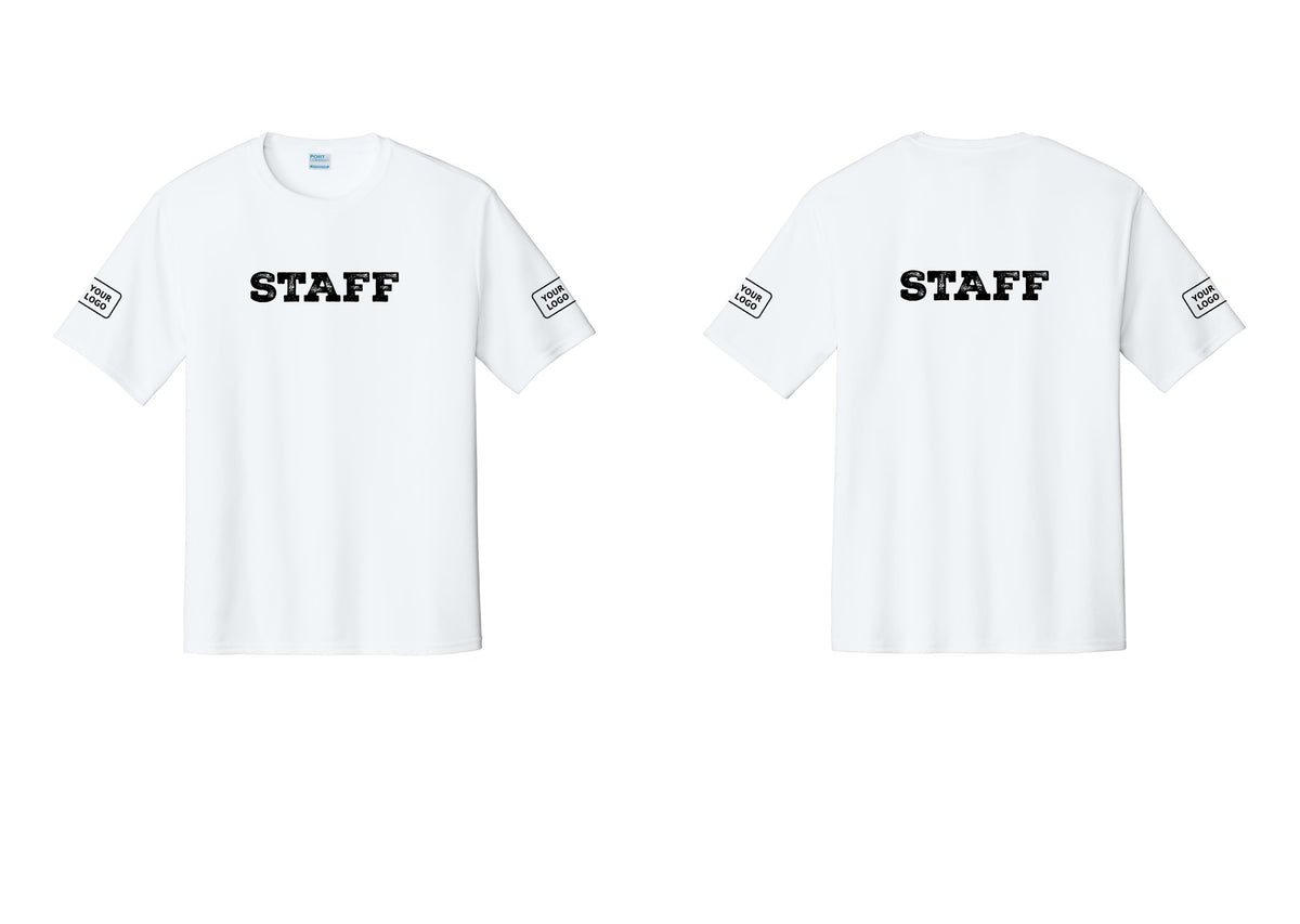 NYC Factory Custom Logo Staff Performance T-Shirt (Rustic) - Front + Back + Your Logo Sleeves - White