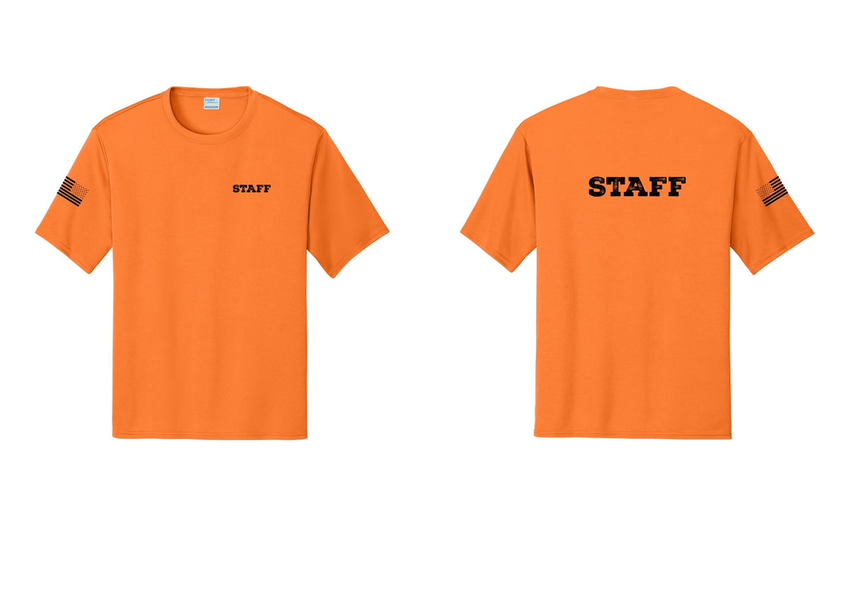 NYC Factory Staff Performance T-Shirt (Rustic) - Chest + Back + US Flag Sleeve - Neon Orange