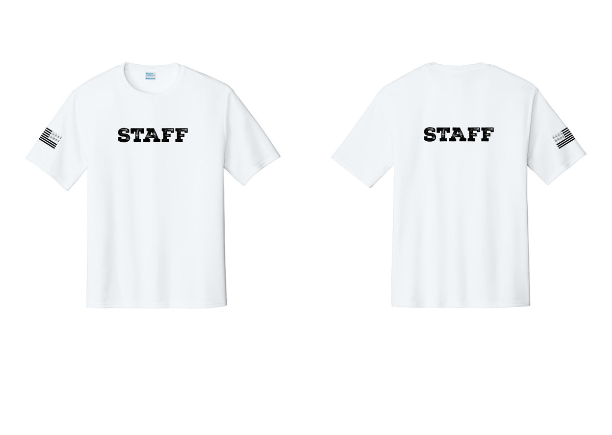 NYC Factory Staff Performance T-Shirt (Rustic) - Front + Back + US Flag Sleeve - White