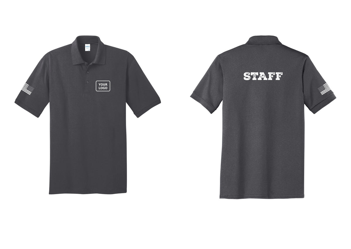 NYC Factory Custom Logo Staff Polo Shirt (Rustic) - Your Logo + Back + US Flag Sleeve - Charcoal