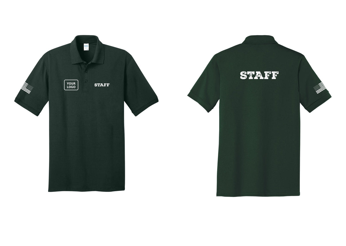 NYC Factory Custom Logo Staff Polo Shirt (Rustic) - STAFF + Your Logo + Back + US Flag Sleeve - Dark Green